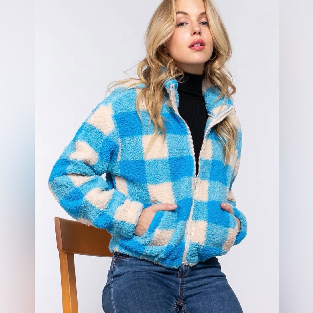 Blue and Cream Checkered Women's Jacket
